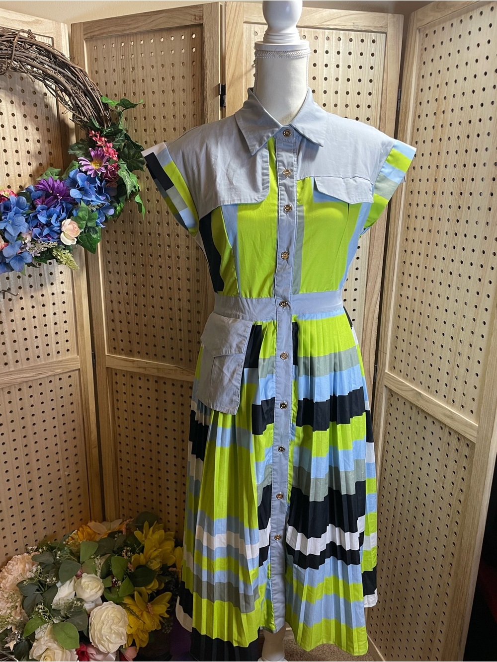 Button-Front Striped Shirt Dress in Lime & Sky Blue